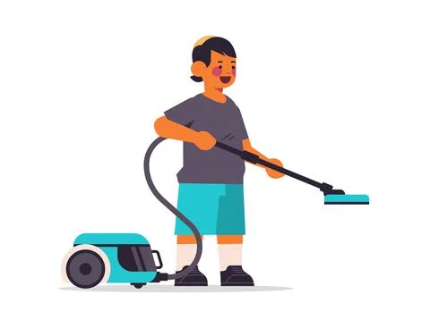 Little arab boy using vacuum cleaner cleaning childhood concept full length Stockillustratie