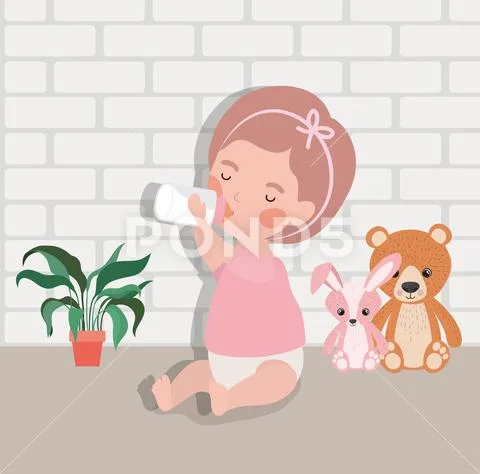 Little baby girl with bottle milk and stuffed toys character Stock Illustration
