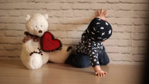 Little baby in photo studio with a bear in the background of a brick wall Stock Footage