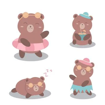 Little Bear Playing Various Poses Cartoon Character Set Stock Illustration