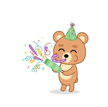 Little bear is setting off firecracker. Bear Birthday party. Cartoon, kawaii Stock Illustration