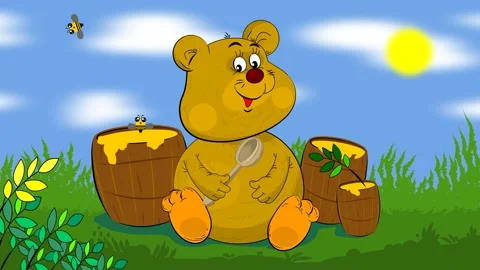Little bear sits and eats honey with a spoon Stock Footage 135214171