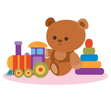 Little bear, train, pyramid, flat, isolated object on a white background, vector Stock Illustration