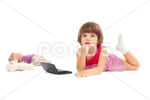 Little beautiful girl is playing with make-up Stock Photos
