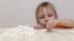 Ear cleaning, skincare concept. Little attractive kid girl, looking at  cotton swab in her hand, sitting wrapped in towel after bath in modern  appartment interior. Child's hygiene concept. photo – Human body