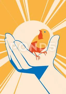 Little bird in hand. vector flat illlustration Stock Illustration