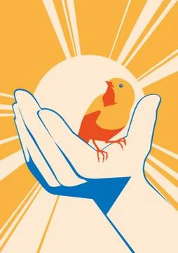 Little bird in hand. vector flat illlustration Stock Illustration