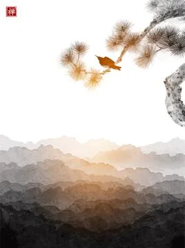 Little bird, pine tree and misty forest mountains. Traditional oriental ink Illustrazione stock