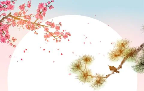 Little bird, pine tree branch and sakura blossom on sunrise background Stock Illustration