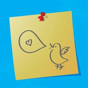 Little bird with speech bubble hand drawn on sticky paper, eps10 vector illustra Stock Illustration