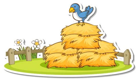 Little bird standing on haystack sticker Stock Illustration