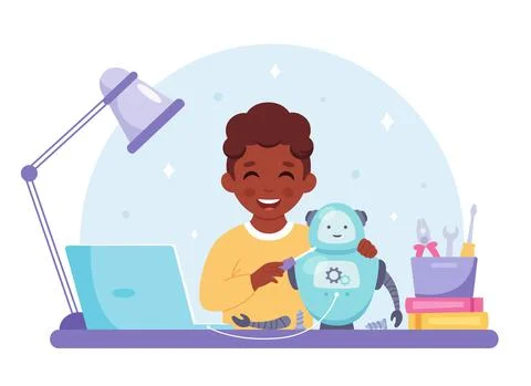 Little black boy creating a robot. Robotics, programming and engineering Stock Illustration