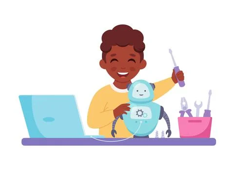 Little black boy creating a robot. Robotics, programming for kids Stockillustratie