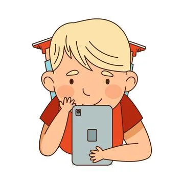 Little Blond Boy Lying with Tablet PC and Watching Something Vector Illustration Stock Illustration