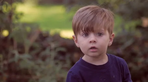 Little blond boy turns to camera in slow motion outside in green area. Stock Footage 48887698
