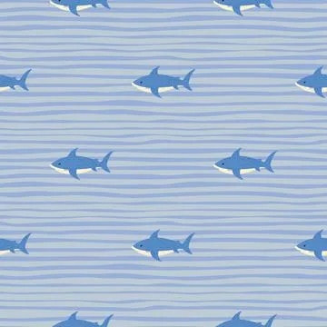 Little blue sharks seamless pattern. Underwater animal ornament with striped  Stock Illustration