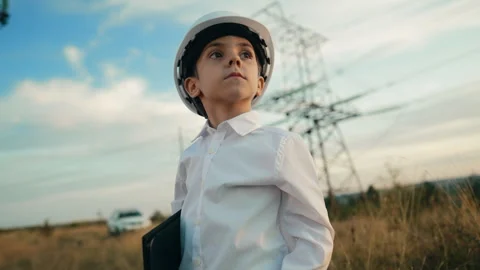 Little boy acting role of engineer or manager with safety helmet. Occupation in Stock Footage 287655203