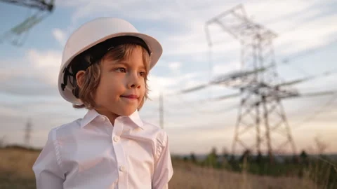 Little boy acting role of engineer or manager with safety helmet. Occupation in Stock Footage 292693546