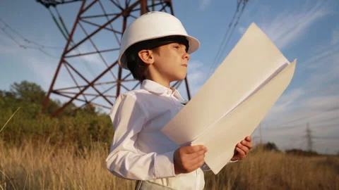 Little boy acting role of engineer or manager with safety helmet. Occupation in Stock Footage 294116378
