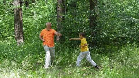A little boy and an elderly man perform punches with a change of stance Stock Footage 311150893