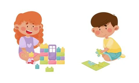 Little Boy and Girl Playing with Toy Blocks and Jigsaw Puzzle in Playroom Vector Stock Illustration