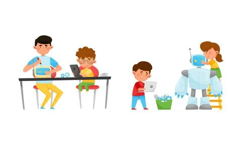 Little Boy and Girl at Table Engineering and Configurating Robot with Tablet 스톡 일러스트