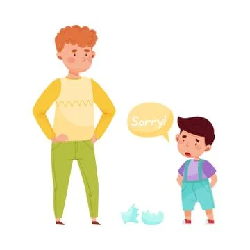 Little Boy Apologizing for Broken Vase Vector Illustration Stock Illustration