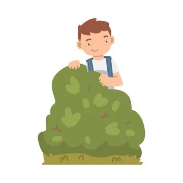 Little Boy with Backpack Engaged in School Gardening Standing Near Green Bush Stock Illustration