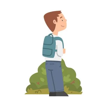 Little Boy with Backpack Engaged in School Gardening Standing Near Green Bush Ilustração Stock