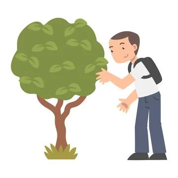 Little Boy with Backpack Engaged in School Gardening Standing Near Green Bush Ilustração Stock