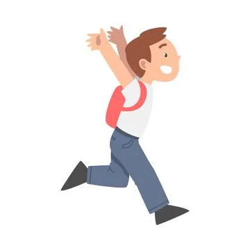Little Boy with Backpack Running and Laughing Vector Illustration Illustrazione stock