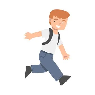 Little Boy with Backpack Running and Laughing Vector Illustration Illustrazione stock