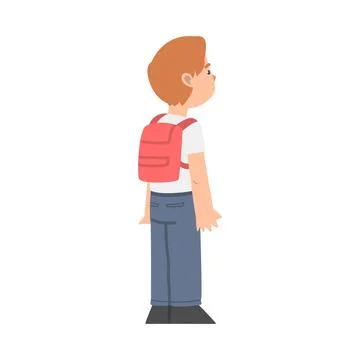 Little Boy with Backpack Standing and Looking at Something with Interest Vector Illustrazione stock