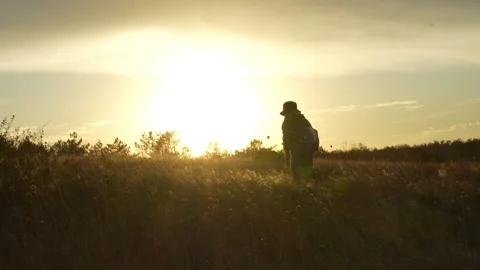 Little boy with backpack walking across steppe into sunset Stock Footage 317812732
