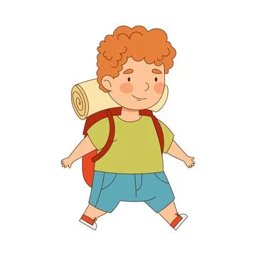 Little Boy with Backpack Walking and Hiking Vector Illustration Stock Illustration