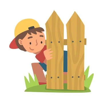 Little Boy in Baseball Cap Playing Hide and Seek Concealing Behind Wooden Fence Stock Illustration