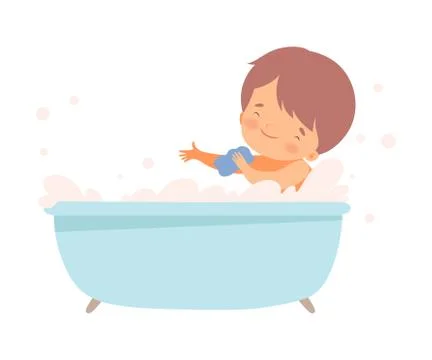 Little Boy Bathing Himself Sitting in Bathtub Vector Illustration 스톡 일러스트