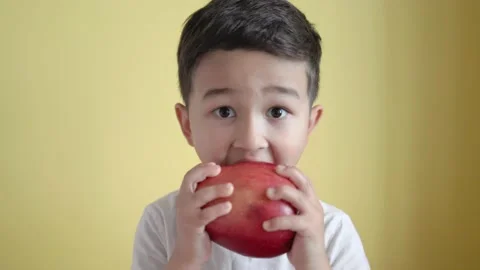 Little boy bites a big red apple on colour background Stock Footage 195038152