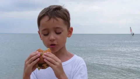 A little boy bites a hamburger. A happy child eats in nature, enjoying a Stock Footage 161229635