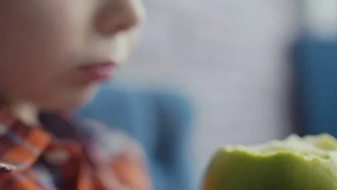 Little boy biting off apple Stock Footage 73700621