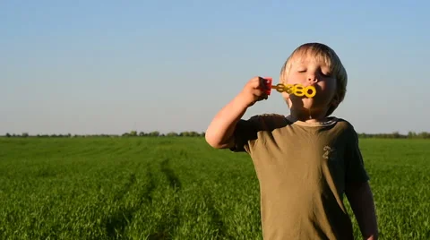 Little boy blowing soap bubbles in summer park background. Vídeo Stock 61252688