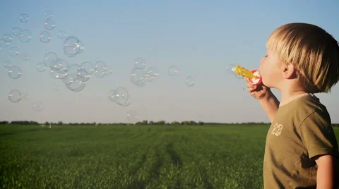 Little boy blowing soap bubbles in summer park background. Stock Footage 61253045
