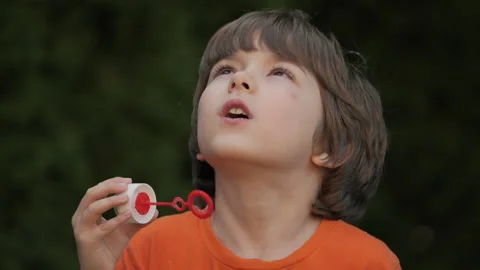 Little Boy Blowing Soap Bubbles Having Fun Playing Outside, Child Innocence.. Video stock 303939803