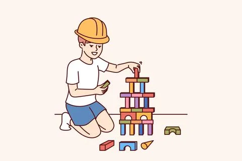 Little boy builder creates tower from childrens bricks playing and dreaming of Stock Illustration