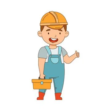 Little Boy Builder Wearing Hard Hat and Overall Holding Box with Instruments イラスト素材