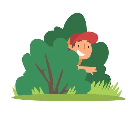 Little Boy in Cap Playing Hide and Seek Concealing Behind Green Bush Vector Stock Illustration