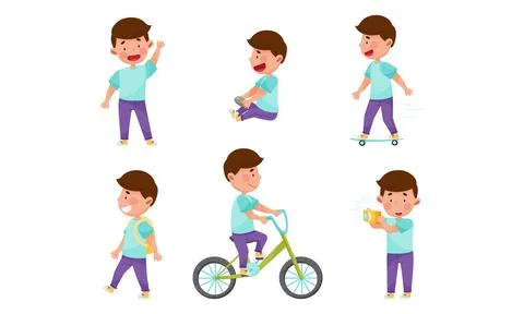 Little Boy Character Engaged in Computer Game Playing, Skateboarding and Cycling Stock Illustration
