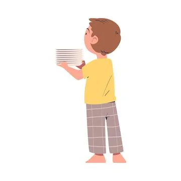 Little Boy Character Holding Stack of Plates at Kitchen Vector Illustration Stock Illustration