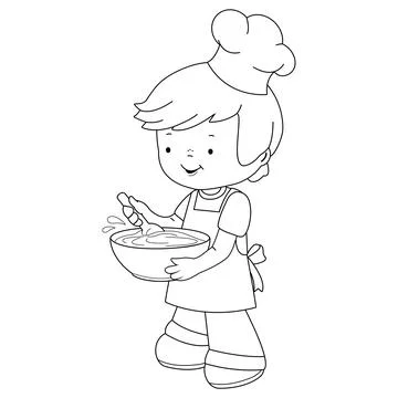 Little boy chef cooking. Vector black and white coloring page. Stock Illustration