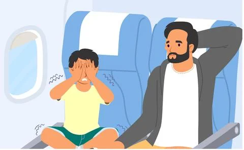 Little boy child feeling panic in plane vector illustration Stock Illustration
